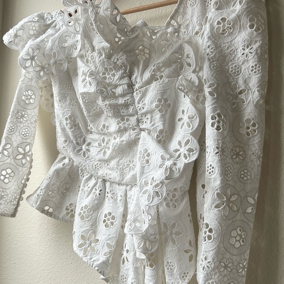 SELF-PORTRAIT White Asymmetric Floral Embroidered Eyelet Broderie Top Sz 0 - Picture 7 of 16